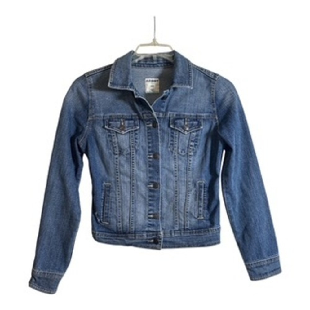 Old Navy Womens Medium Wash Denim Trucker Jacket Size Small Distressed Stretch - Picture 2 of 11